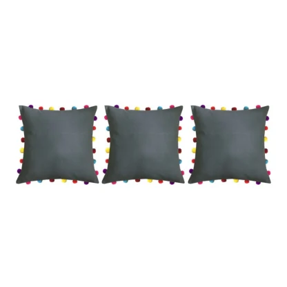 Cotton Solid Pom Pom Cushion Covers (Grey, Size: 18x18 In) - Image 3