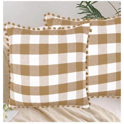 Pack Of_2 Cotton Checkered Cushion Cover With Pom Pom (Beige, Size: 20x20 In)