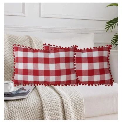 Pack Of_2 Cotton Checkered Cushion Cover With Pom Pom (Red, Size: 12x20 In)