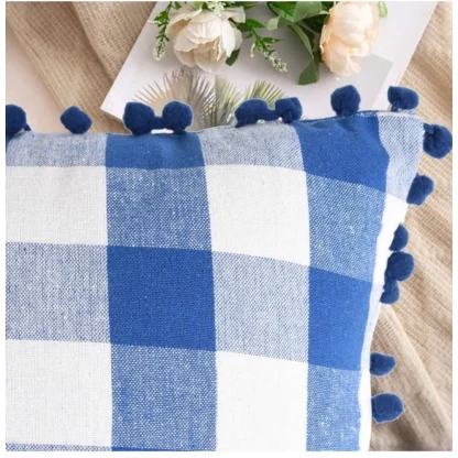 Pack Of_2 Cotton Checkered Cushion Cover With Pom Pom (Blue, Size: 12x20 In) - Image 3