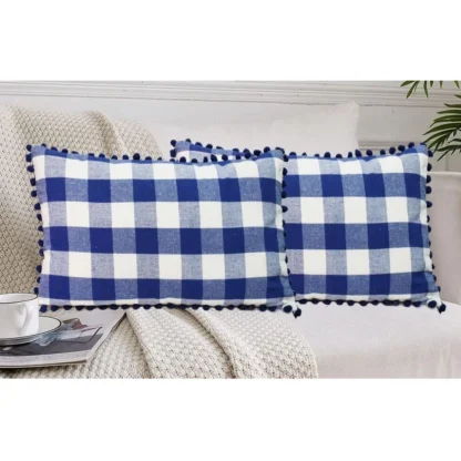 Pack Of_2 Cotton Checkered Cushion Cover With Pom Pom (Blue, Size: 12x20 In) - Image 4