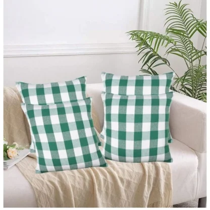 Pack Of_4 Cotton Checkered Cushion Cover With Pom Pom (Green, Size: 16x16 In)