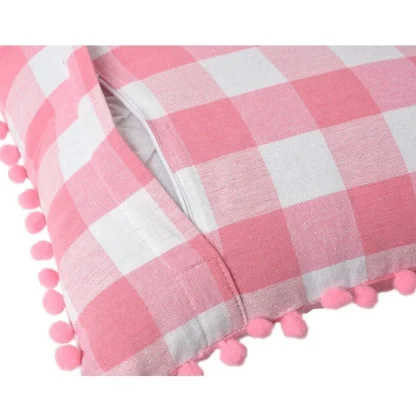 Pack Of_2 Cotton Checkered Cushion Cover With Pom Pom (Baby Pink, Size: 18x18 In) - Image 2