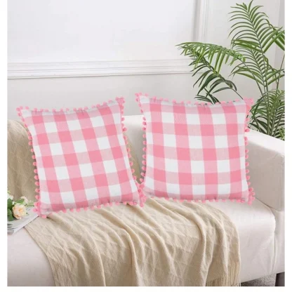 Pack Of_2 Cotton Checkered Cushion Cover With Pom Pom (Baby Pink, Size: 18x18 In)