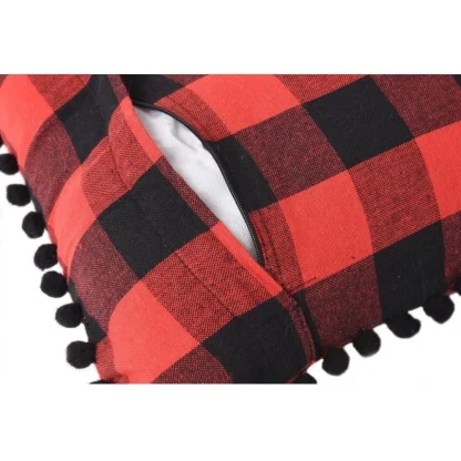 Pack Of_2 Cotton Checkered Cushion Cover With Pom Pom (Red & Black, Size: 12x20 In) - Image 2