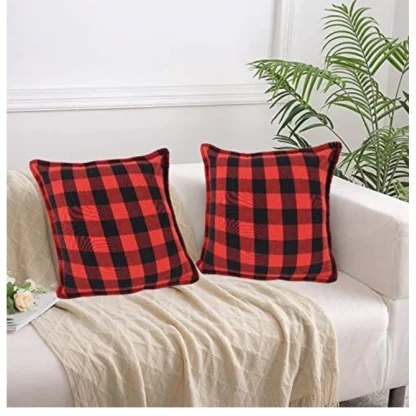 Pack Of_2 Cotton Checkered Cushion Cover With Blanket Stitch (Red & Black, Size: 24x24 In)