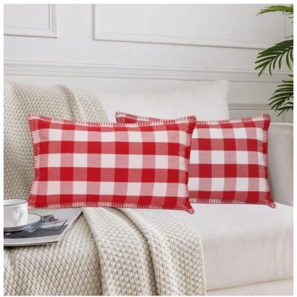 Pack Of_2 Cotton Checkered Cushion Cover With Blanket Stitch (Red & White, Size: 12x20 In)