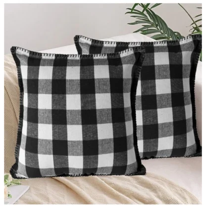 Pack Of_2 Cotton Checkered Cushion Cover With Blanket Stitch (Black & White, Size: 18x18 In)