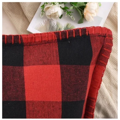 Pack Of_2 Cotton Checkered Cushion Cover With Blanket Stitch (Red & Black, Size: 12x20 In) - Image 2