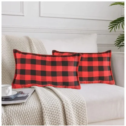 Pack Of_2 Cotton Checkered Cushion Cover With Blanket Stitch (Red & Black, Size: 12x20 In)