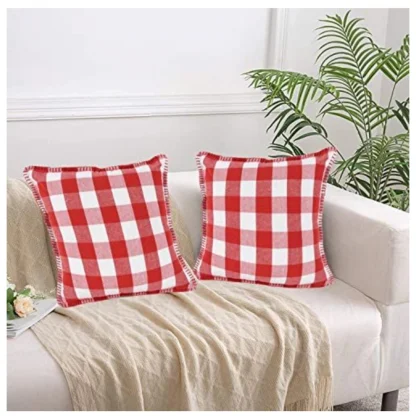 Pack Of_2 Cotton Checkered Cushion Cover With Blanket Stitch (Red, Size: 18x18 In)