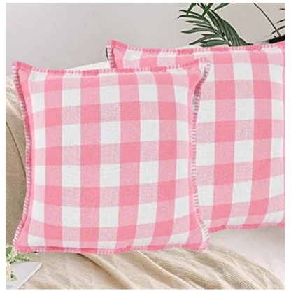 Pack Of_2 Cotton Checkered Cushion Cover With Blanket Stitch (Baby Pink, Size: 16x16 In)