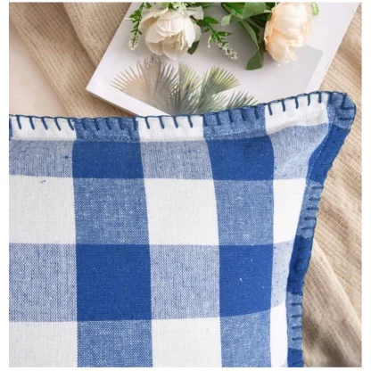 Pack Of_2 Cotton Checkered Cushion Cover With Blanket Stitch (Blue, Size: 18x18 In) - Image 3