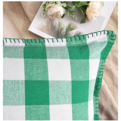 Pack Of_2 Cotton Checkered Cushion Cover With Blanket Stitch (Green, Size: 18x18 In) - Image 3