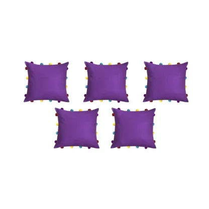 Cotton Solid Pom Pom Cushion Covers (Dark Purple, Size: 14x14 In) - Image 2