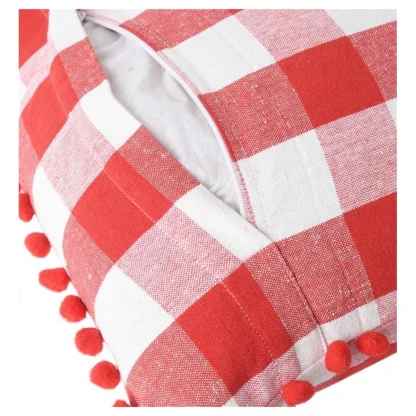 Pack Of_2 Cotton Checkered Cushion Cover With Pom Pom (Red, Size: 12x20 In) - Image 3