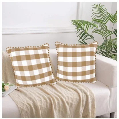 Pack Of_2 Cotton Checkered Cushion Cover With Pom Pom (Beige, Size: 20x20 In) - Image 4