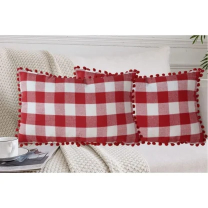 Pack Of_2 Cotton Checkered Cushion Cover With Pom Pom (Red, Size: 12x20 In) - Image 4