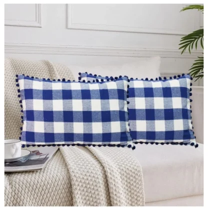 Pack Of_2 Cotton Checkered Cushion Cover With Pom Pom (Blue, Size: 12x20 In)