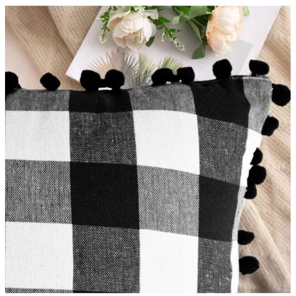 Pack Of_2 Cotton Checkered Cushion Cover With Pom Pom (Black, Size: 18x18 In) - Image 3