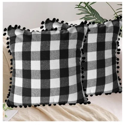 Pack Of_2 Cotton Checkered Cushion Cover With Pom Pom (Black, Size: 18x18 In) - Image 4