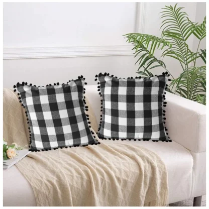 Pack Of_2 Cotton Checkered Cushion Cover With Pom Pom (Black, Size: 18x18 In)