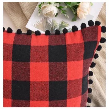 Pack Of_2 Cotton Checkered Cushion Cover With Pom Pom (Red & Black, Size: 12x20 In) - Image 3