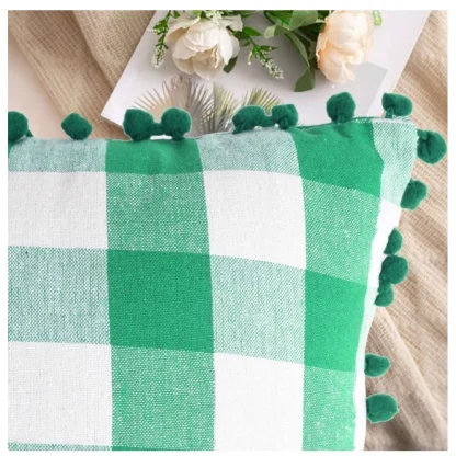 Pack Of_2 Cotton Checkered Cushion Cover With Pom Pom (Green, Size: 12x20 In) - Image 4