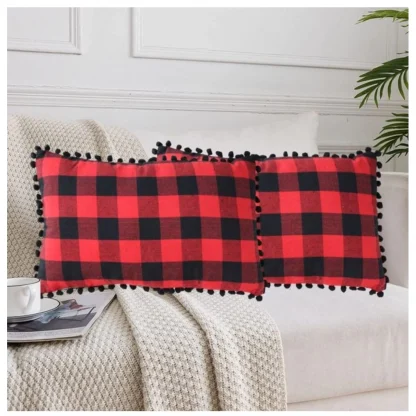 Pack Of_2 Cotton Checkered Cushion Cover With Pom Pom (Red & Black, Size: 12x20 In)