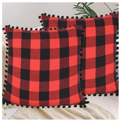 Pack Of_2 Cotton Checkered Cushion Cover With Pom Pom (Red & Black, Size: 18x18 In) - Image 4