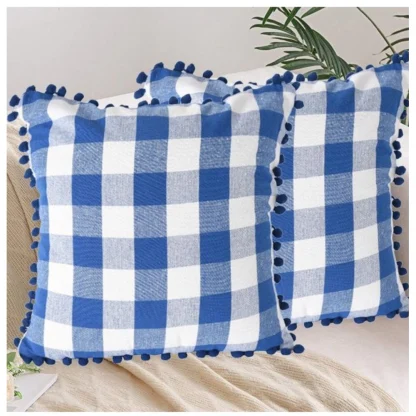 Pack Of_2 Cotton Checkered Cushion Cover With Pom Pom (Blue, Size: 18x18 In) - Image 4