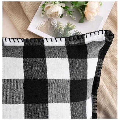 Pack Of_2 Cotton Checkered Cushion Cover With Blanket Stitch (Black & White, Size: 18x18 In) - Image 3