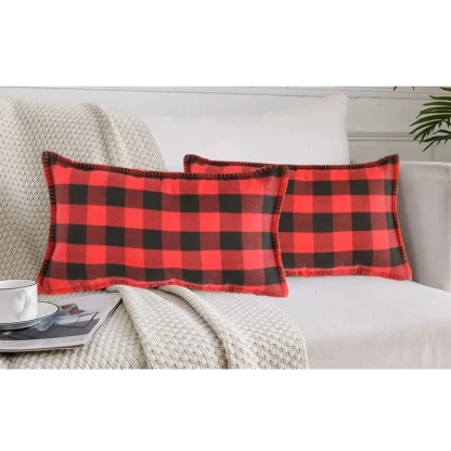 Pack Of_2 Cotton Checkered Cushion Cover With Blanket Stitch (Red & Black, Size: 12x20 In) - Image 4