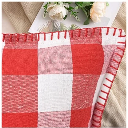 Pack Of_2 Cotton Checkered Cushion Cover With Blanket Stitch (Red, Size: 18x18 In) - Image 4