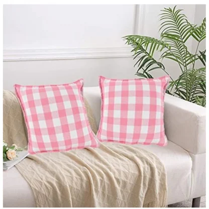 Pack Of_2 Cotton Checkered Cushion Cover With Blanket Stitch (Baby Pink, Size: 16x16 In) - Image 4