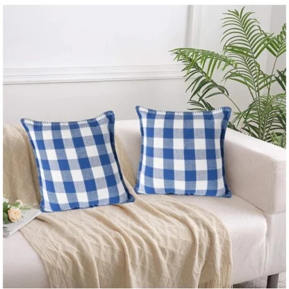 Pack Of_2 Cotton Checkered Cushion Cover With Blanket Stitch (Blue, Size: 18x18 In) - Image 4