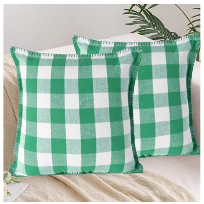 Pack Of_2 Cotton Checkered Cushion Cover With Blanket Stitch (Green, Size: 18x18 In)