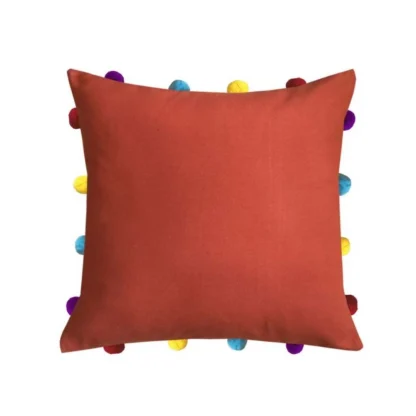 Cotton Solid Pom Pom Cushion Covers (Orange, Size: 14x14 In)