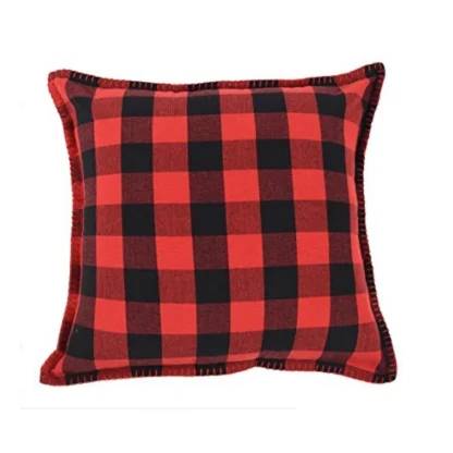 Pack Of_2 Cotton Checkered Cushion Cover With Blanket Stitch (Red & Black, Size: 24x24 In) - Image 4