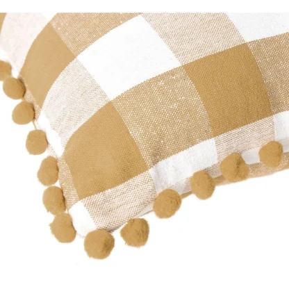 Pack Of_2 Cotton Checkered Cushion Cover With Pom Pom (Beige, Size: 20x20 In) - Image 2