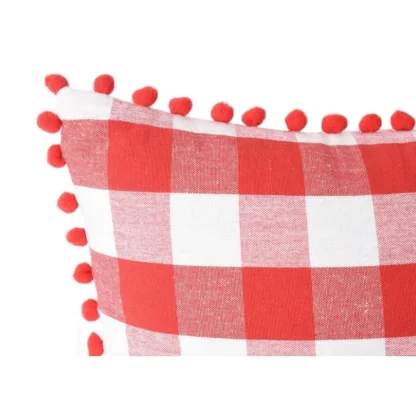 Pack Of_2 Cotton Checkered Cushion Cover With Pom Pom (Red, Size: 12x20 In) - Image 2