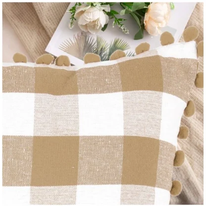 Pack Of_2 Cotton Checkered Cushion Cover With Pom Pom (Beige, Size: 20x20 In) - Image 3