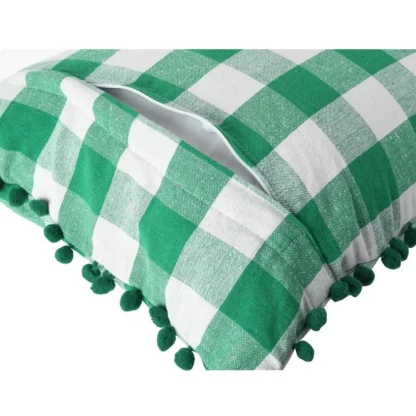 Pack Of_2 Cotton Checkered Cushion Cover With Pom Pom (Green, Size: 12x20 In) - Image 2