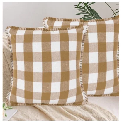 Pack Of_2 Cotton Checkered Cushion Cover With Blanket Stitch (Beige, Size: 24x24 In) - Image 4