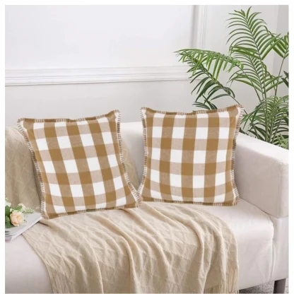 Pack Of_2 Cotton Checkered Cushion Cover With Blanket Stitch (Beige, Size: 24x24 In)