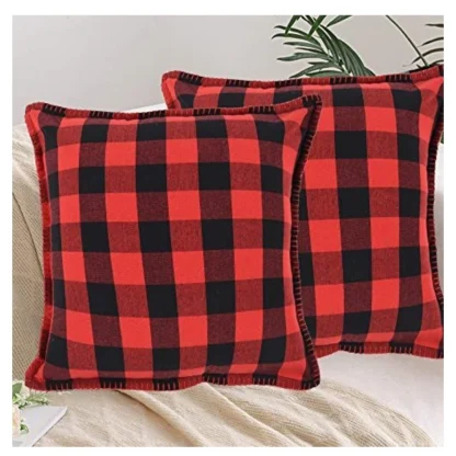 Pack Of_2 Cotton Checkered Cushion Cover With Blanket Stitch (Red & Black, Size: 24x24 In) - Image 3