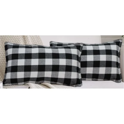 Pack Of_2 Cotton Checkered Cushion Cover With Blanket Stitch (Black, Size: 12x20 In) - Image 4