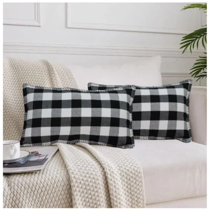 Pack Of_2 Cotton Checkered Cushion Cover With Blanket Stitch (Black, Size: 12x20 In)