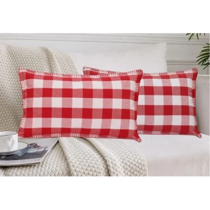 Pack Of_2 Cotton Checkered Cushion Cover With Blanket Stitch (Red & White, Size: 12x20 In) - Image 4