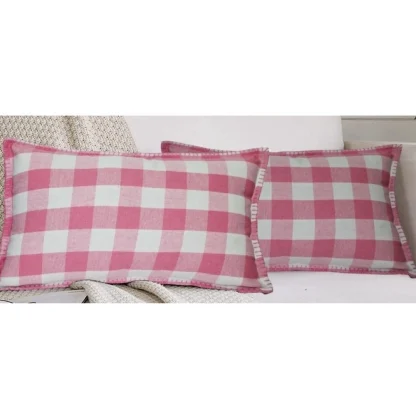 Pack Of_2 Cotton Checkered Cushion Cover With Blanket Stitch (Baby Pink, Size: 12x20 In) - Image 4